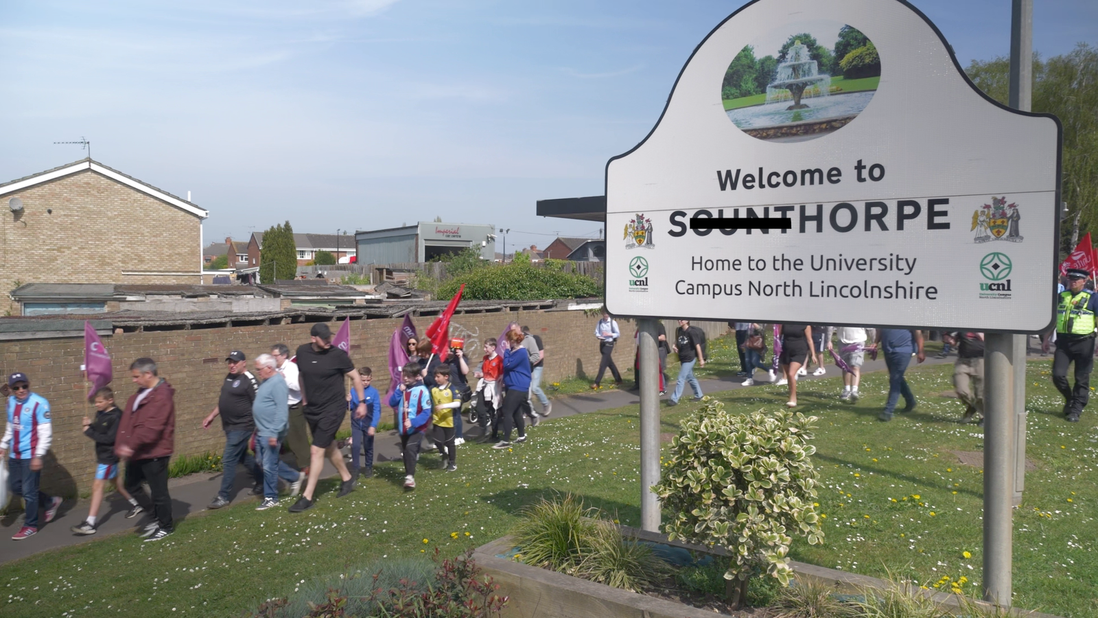 A sign bearing the town's name, Scunthorpe